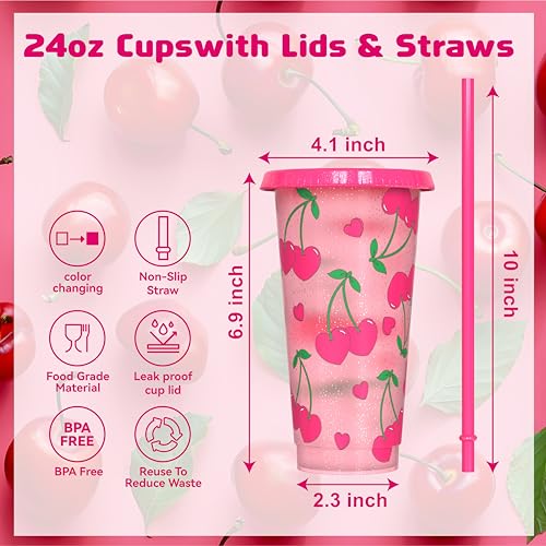 OZMOJOO Color Changing Cups, Plastic Tumblers with Lids and Straws, Reusable Plastic Cups - BPA-Free, Sturdy & Food Safe, Perfect for Iced Coffee, Milkshakes & Smoothies, 5 Pack - Glitter Cherry - Image 3
