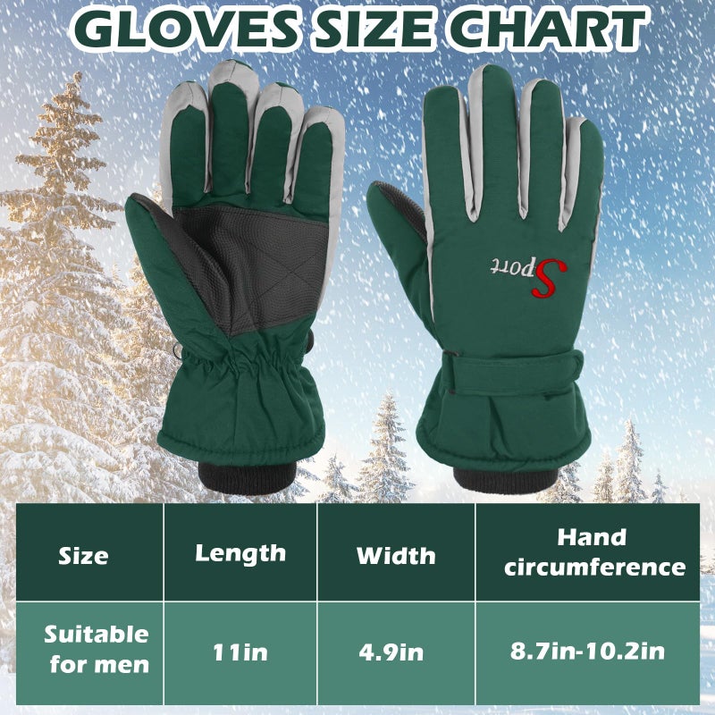 Jeere 2 Pairs Winter Ski Gloves Men Women Waterproof Snow Gloves Adjustable Snowboard Mittens with Zipper Strap Hook Pocket(Gray, Green,M) - Image 3