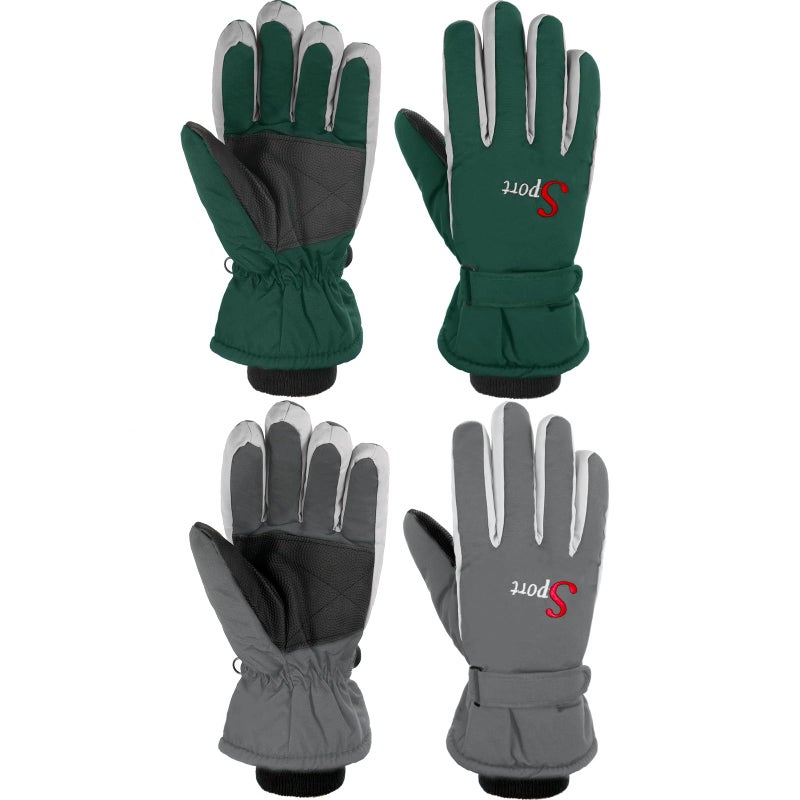 Jeere 2 Pairs Winter Ski Gloves Men Women Waterproof Snow Gloves Adjustable Snowboard Mittens with Zipper Strap Hook Pocket(Gray, Green,M) - Image 1