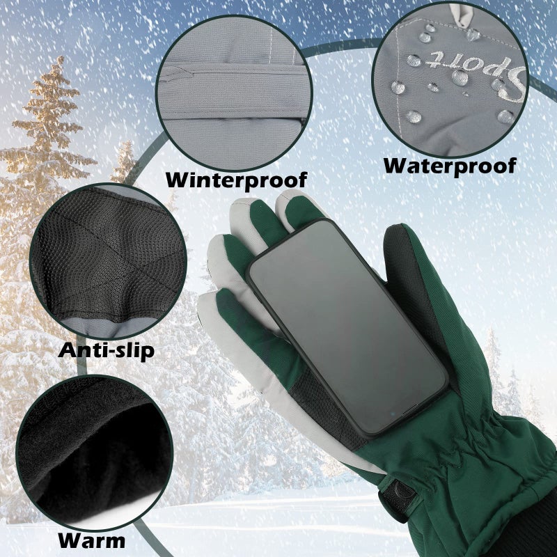 Jeere 2 Pairs Winter Ski Gloves Men Women Waterproof Snow Gloves Adjustable Snowboard Mittens with Zipper Strap Hook Pocket(Gray, Green,M) - Image 5