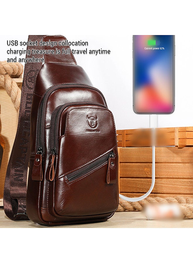 BULLCAPTAIN Genuine Leather Sling Bag Men Shoulder Bag Multi-pocket Chest Bag with USB Charging Port  - Image 3