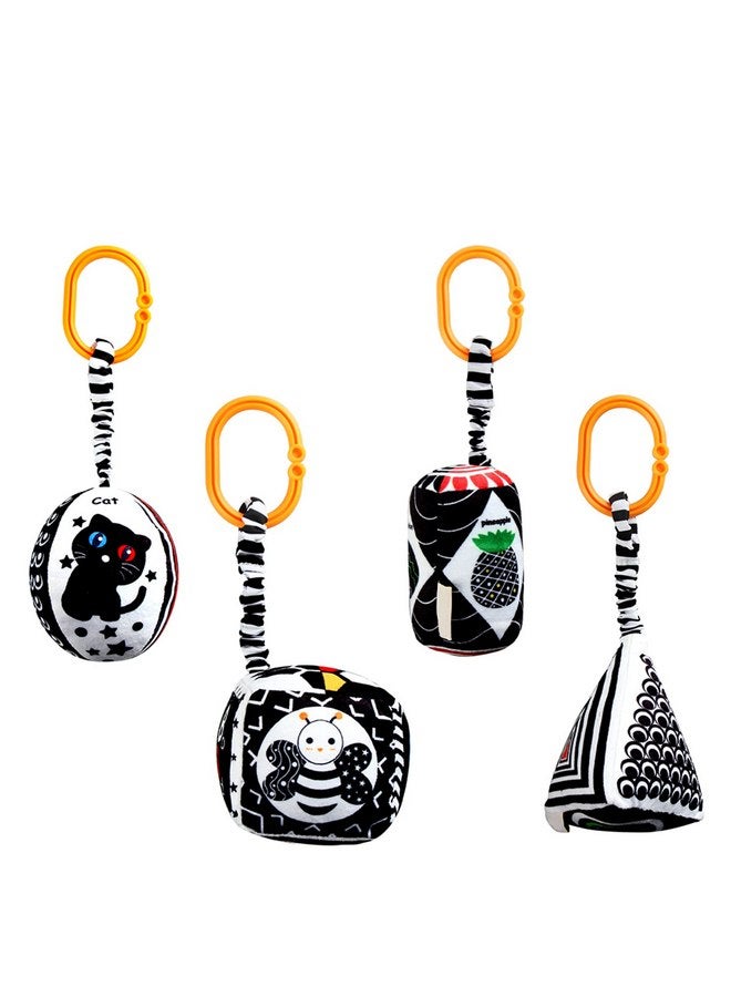 KAKIBLIN Baby Hanging Rattle Toys, 4 Pack Black and White Car Seat Baby Toys Soft Squeaky Stroller Toy for Baby Montessori Sensory Toys 0-12 Months for Newborn Infant, White and Black - Image 1