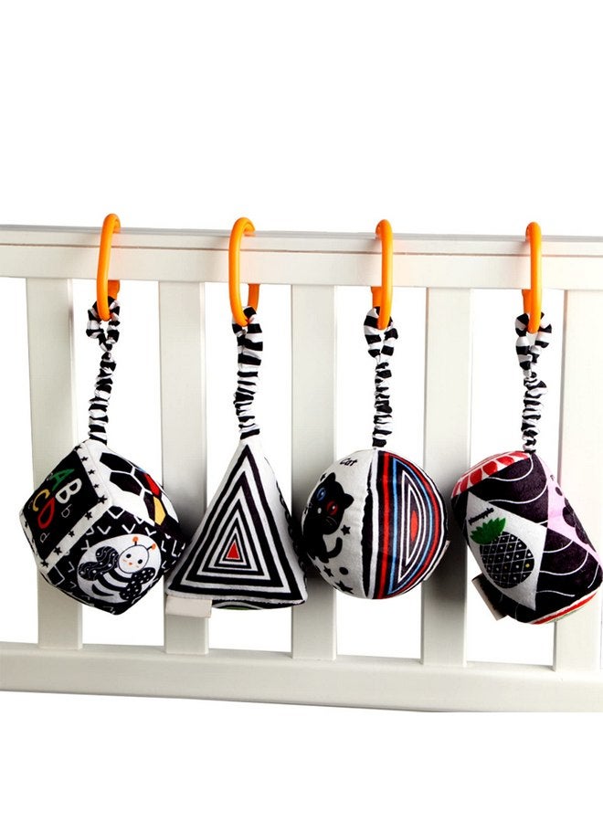 KAKIBLIN Baby Hanging Rattle Toys, 4 Pack Black and White Car Seat Baby Toys Soft Squeaky Stroller Toy for Baby Montessori Sensory Toys 0-12 Months for Newborn Infant, White and Black - Image 2