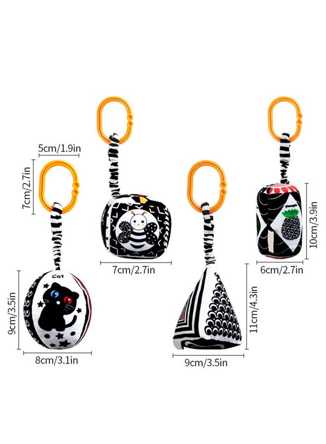 KAKIBLIN Baby Hanging Rattle Toys, 4 Pack Black and White Car Seat Baby Toys Soft Squeaky Stroller Toy for Baby Montessori Sensory Toys 0-12 Months for Newborn Infant, White and Black - Image 4