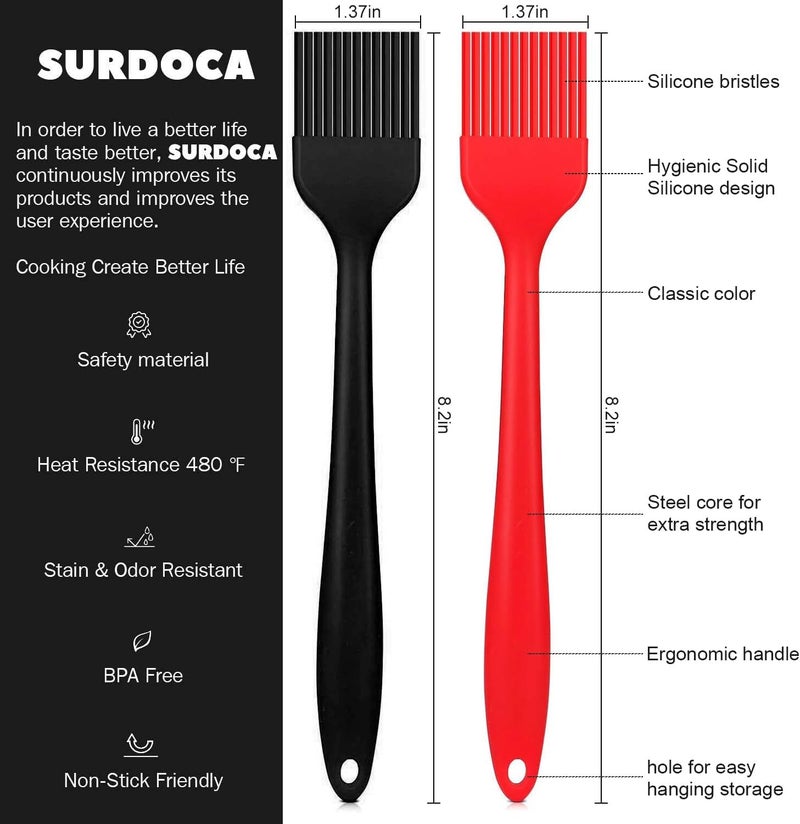 SURDOCA Silicone Pastry Basting Brush - 2Pcs 8.2 in Heat Resistant Brush for Baking Cooking Food, BPA Free Kitchen Brush for Sauce Butter Oil, Stainless Steel Core Design for Barbecue BBQ Grilling - Image 2
