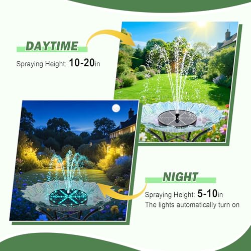 Yzert Upgraded Solar Fountain Bird Bath with 60 LED Lights, Solar Powered Water Fountain Pump with 4000mAh Battery 7 Nozzles 4 Fixers, for Garden Patio Pond Birdbath Pool - Image 3