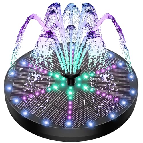 Yzert Upgraded Solar Fountain Bird Bath with 60 LED Lights, Solar Powered Water Fountain Pump with 4000mAh Battery 7 Nozzles 4 Fixers, for Garden Patio Pond Birdbath Pool - Image 1