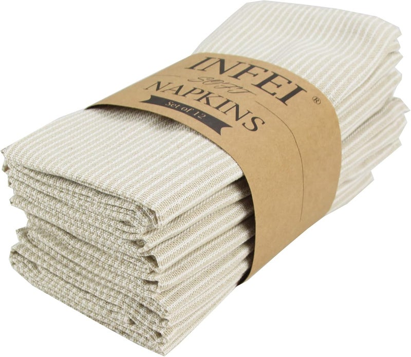 INFEI Narrow Striped Cotton Linen Blended Dinner Cloth Napkins  Set of 12 40 x 30 cm  for Events  Home Use Beige - Image 1