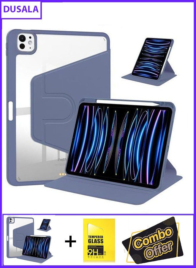 DUSALA 2 IN 1 Rotating Case for iPad Pro 13-Inch M4 (2024) with Pencil Holder,360 Degree Rotation Protective Stand Slim Cover Clear Back, Auto Wake/Sleep With Tempered Glass - Image 1