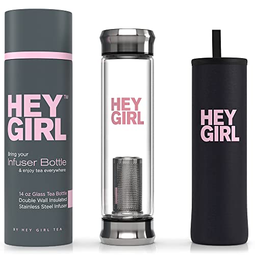 Hey Girl Tea Hey girl Glass Water Bottle Tea Infuser  14oz Insulated Glass Bottles with Tea Steeper  Silicone Sleeve for Loose Leaf Tea  Infused Fruit  Travel Tea Brewer Tumbler Mug  Gifts for Tea Drinkers