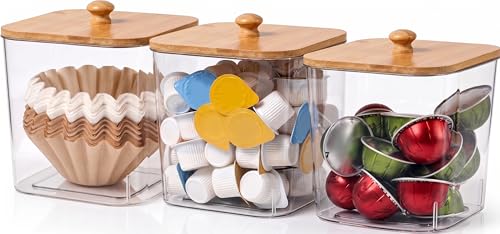 ZECENN Coffee Pod Storage Containers with Bamboo Lid, BPA-Free Clear Coffee Pod Holder Organizer for K-Cup, Vertuo Pods, Coffee Creamer & Filters (3 PACK) - Image 1