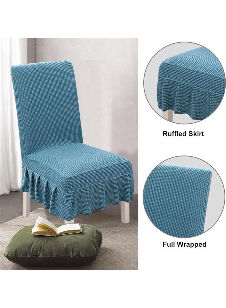 2Pcs Stretchable Dining Chair Slip Covers With Ruffle Skirt, Home Parsons Chair Covers Washable Kitchen Armless Chair Protector Hotel Banquet Stool Cover (Blue) - Image 4