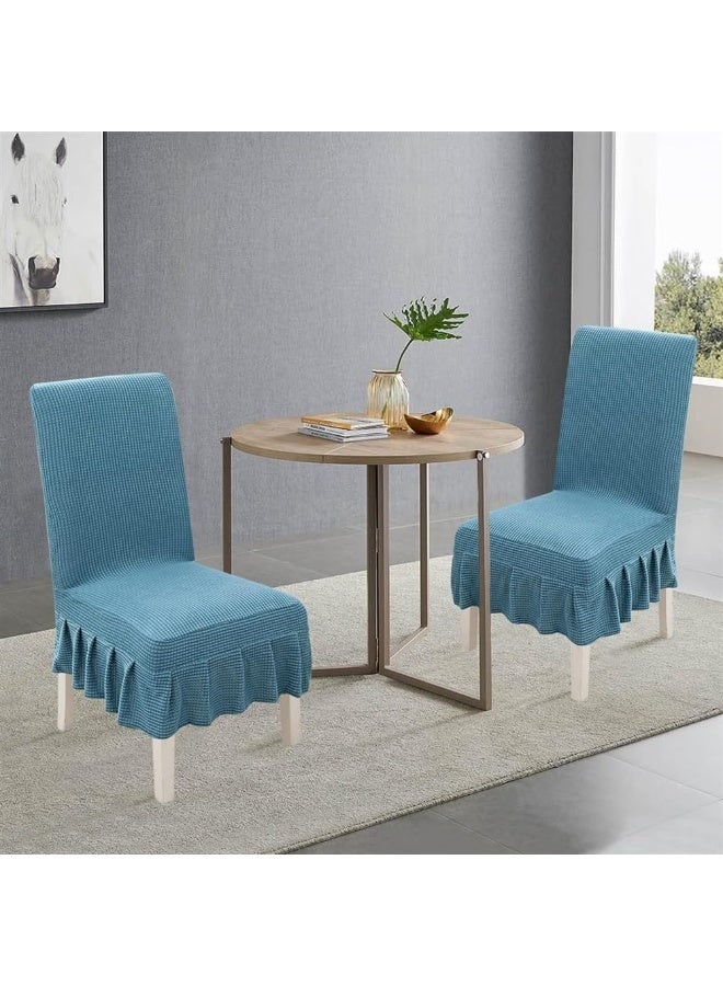 2Pcs Stretchable Dining Chair Slip Covers With Ruffle Skirt, Home Parsons Chair Covers Washable Kitchen Armless Chair Protector Hotel Banquet Stool Cover (Blue) - Image 2