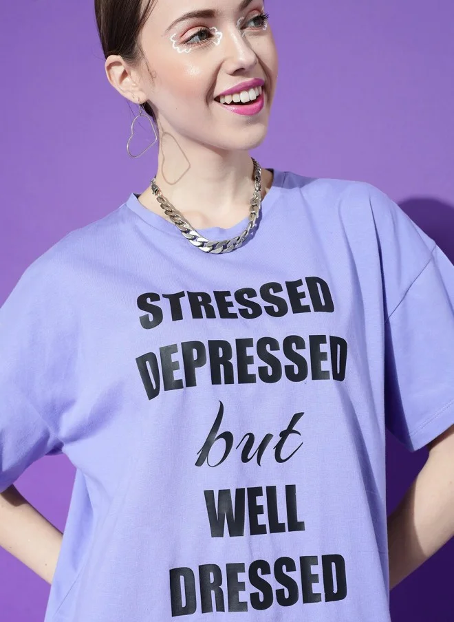 STREET 9 Lavender Typography Printed Oversized T-Shirt for Women