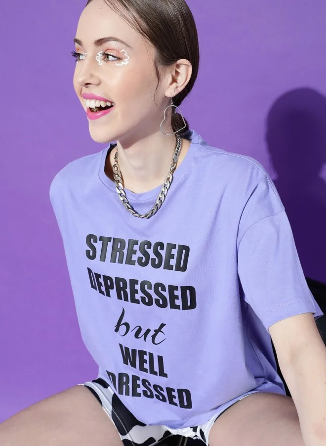 STREET 9 Lavender Typography Printed Oversized T-Shirt for Women