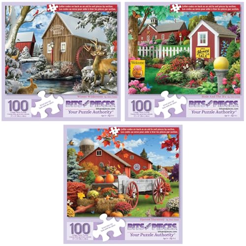 Bits and Pieces 100 Piece Puzzles for Adults Alan Giana 3Pack 100 Extra Large Pieces 15 x 19 Jigsaw Puzzles Rustic Country Scenes No 2 Pieces Alike - Image 1