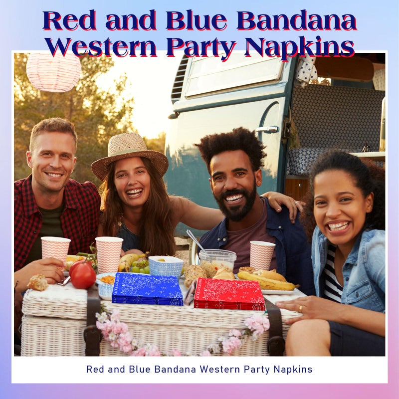 Teling Teling 2 Ply Western Party Bandana Napkins Disposable Paisley Print Paper Napkin Bulk Cowboy Theme Party Supplies for Western Cowboy Birthday Party Dinner Lunch Supplies  6.3"" x 6.3""(Red Blue)  - Image 5
