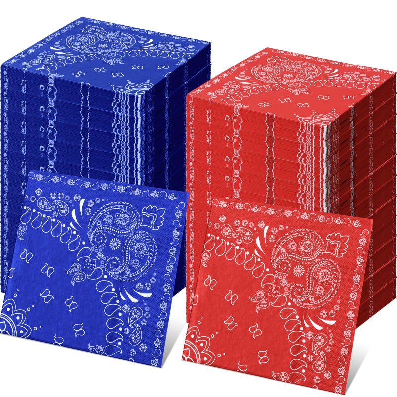 Teling Teling 2 Ply Western Party Bandana Napkins Disposable Paisley Print Paper Napkin Bulk Cowboy Theme Party Supplies for Western Cowboy Birthday Party Dinner Lunch Supplies  6.3"" x 6.3""(Red Blue)  - Image 1