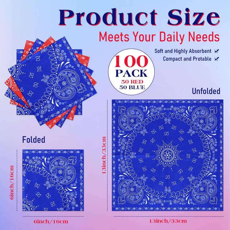 Teling Teling 2 Ply Western Party Bandana Napkins Disposable Paisley Print Paper Napkin Bulk Cowboy Theme Party Supplies for Western Cowboy Birthday Party Dinner Lunch Supplies  6.3"" x 6.3""(Red Blue)  - Image 2