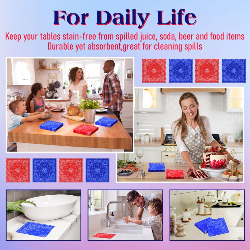 Teling Teling 2 Ply Western Party Bandana Napkins Disposable Paisley Print Paper Napkin Bulk Cowboy Theme Party Supplies for Western Cowboy Birthday Party Dinner Lunch Supplies  6.3"" x 6.3""(Red Blue)  - Image 4
