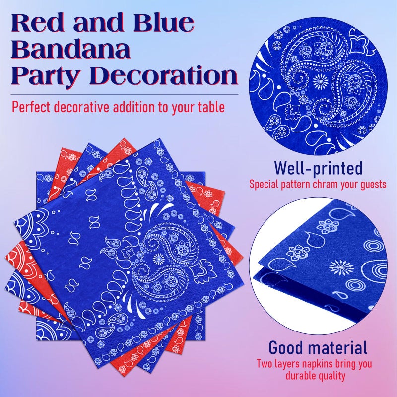 Teling Teling 2 Ply Western Party Bandana Napkins Disposable Paisley Print Paper Napkin Bulk Cowboy Theme Party Supplies for Western Cowboy Birthday Party Dinner Lunch Supplies  6.3"" x 6.3""(Red Blue)  - Image 3