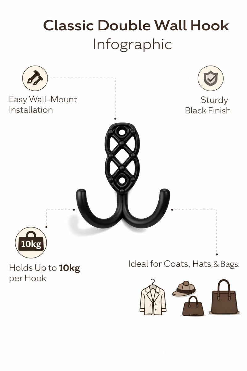 Colornest 2 Pcs Metal Hooks for Wall Heavy Duty Hooks for Hanging, Towel Clothes Hanger for Wall, Bathroom & Kitchen (Black) - Image 3