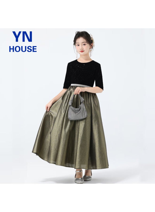Yinuofang Girls' Formal Long Dress, Children's Flower Girl Dress, Girls' Performance Costume, Champagne Gold Long Dress 150cm - Image 5