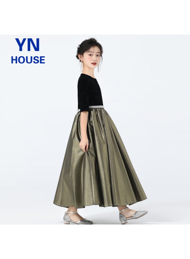 Yinuofang Girls' Formal Long Dress, Children's Flower Girl Dress, Girls' Performance Costume, Champagne Gold Long Dress 150cm - Image 1