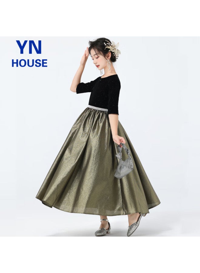 Yinuofang Girls' Formal Long Dress, Children's Flower Girl Dress, Girls' Performance Costume, Champagne Gold Long Dress 150cm - Image 3