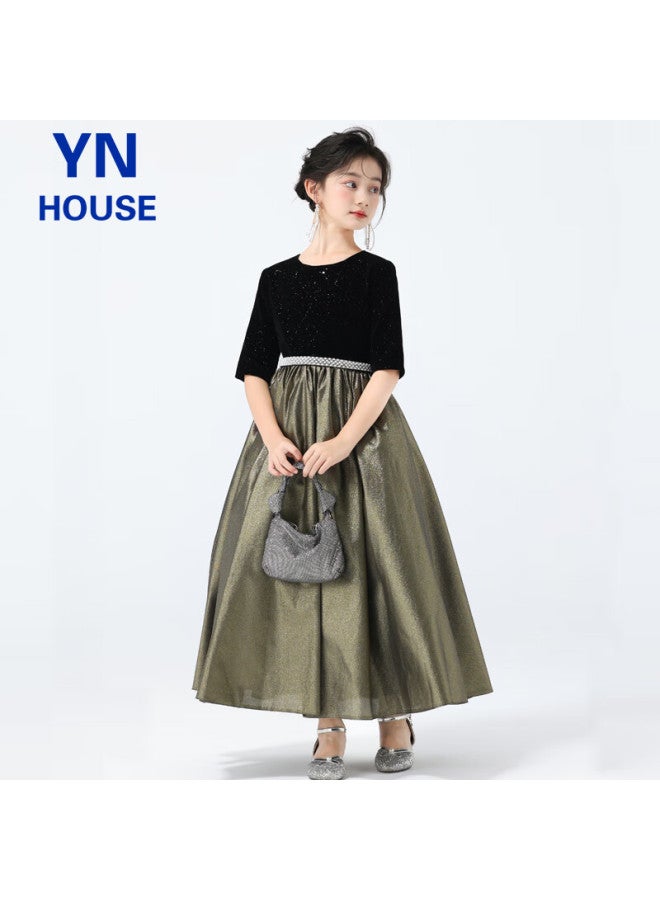 Yinuofang Girls' Formal Long Dress, Children's Flower Girl Dress, Girls' Performance Costume, Champagne Gold Long Dress 150cm - Image 4