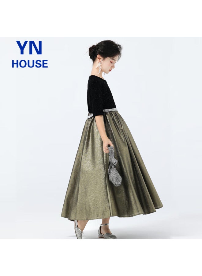 Yinuofang Girls' Formal Long Dress, Children's Flower Girl Dress, Girls' Performance Costume, Champagne Gold Long Dress 150cm - Image 2