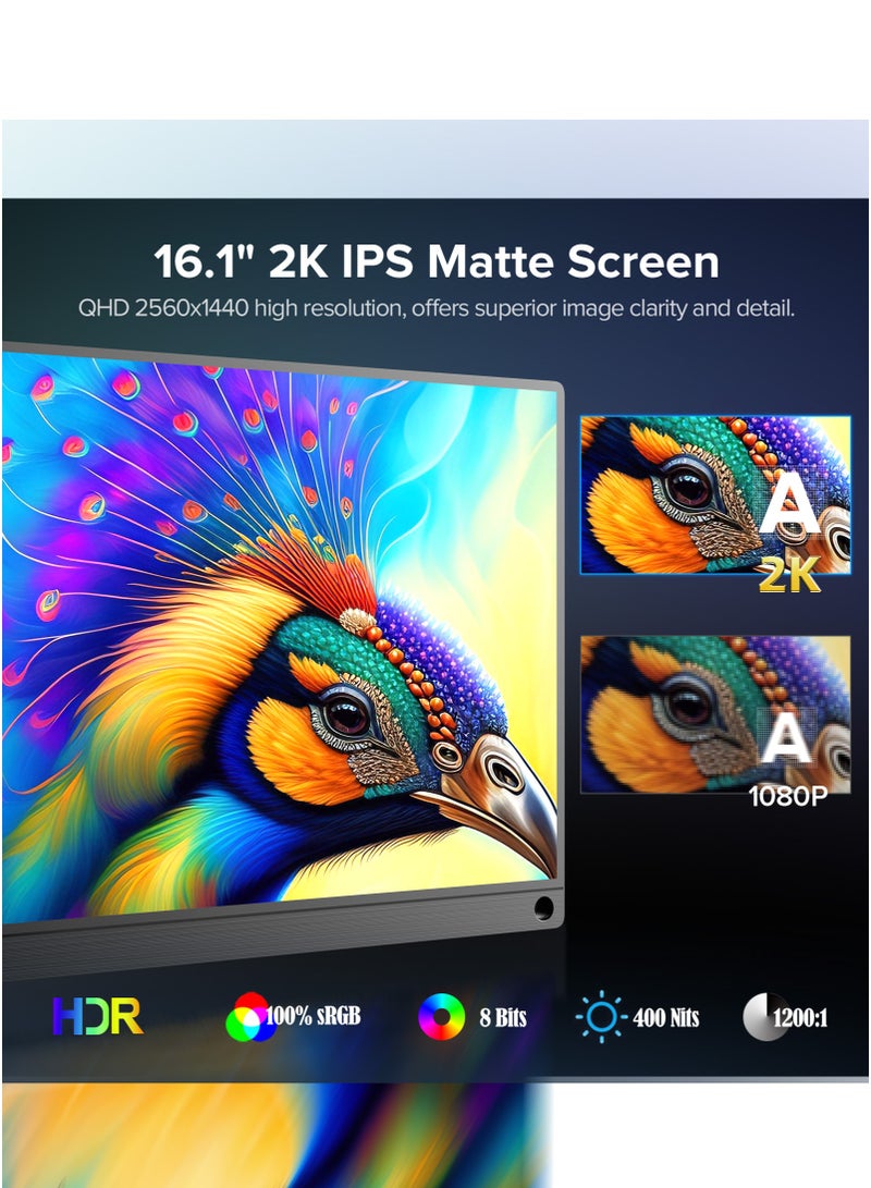 UPERFECT Portable Monitor 16.1 Inch 144 Hz 2K Gaming Monitor 2560 × 1440 QHD IPS USB C & Mini HDMI Port Second Screen for Laptop/Phone/Game Console, VESA Mountable - Image 3