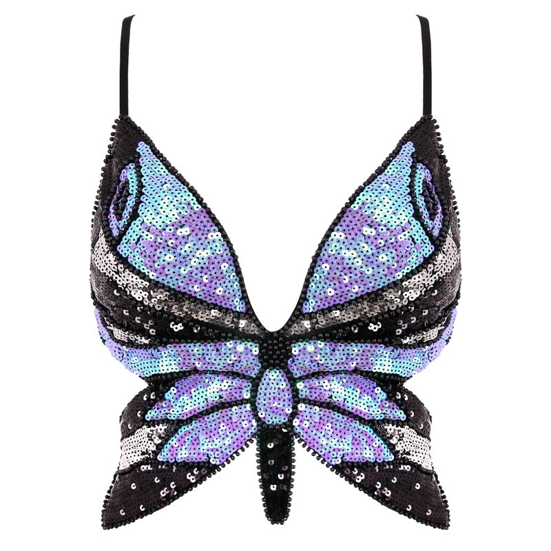 Mocure Womens Sparkly Butterfly Sequin Crop Tops Sexy Trendy Sleeveless Cute Butterfly Halter Tops Rave Wrap Tube Vest Top for Belly Dance Costume Outfits - Image 1