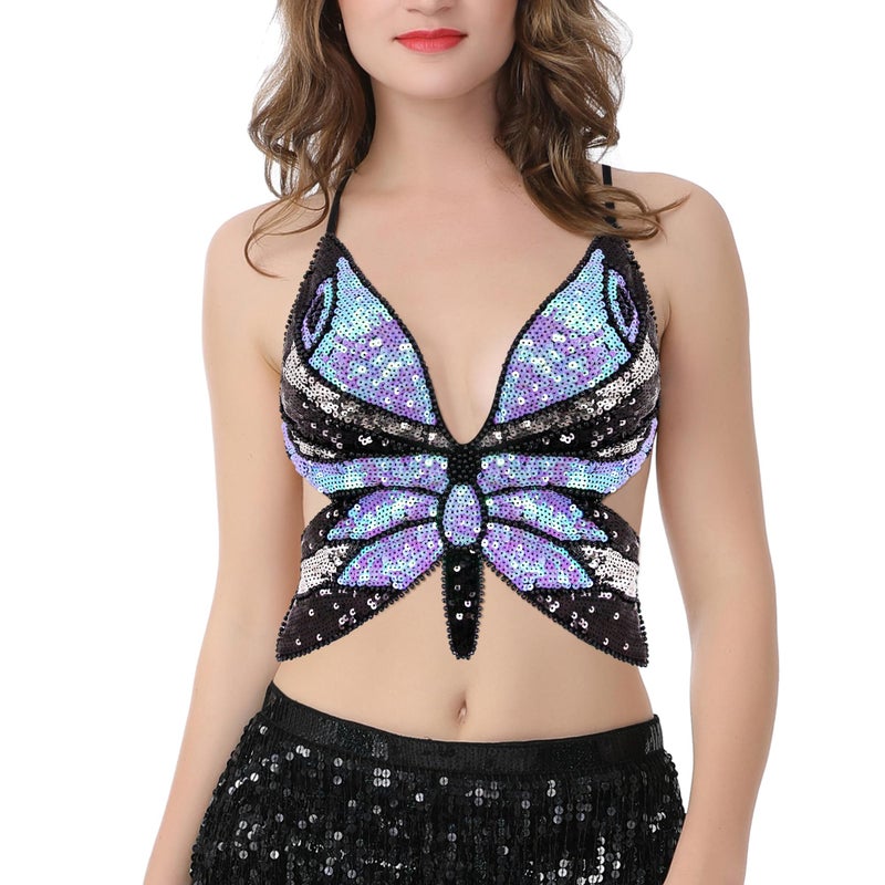 Mocure Womens Sparkly Butterfly Sequin Crop Tops Sexy Trendy Sleeveless Cute Butterfly Halter Tops Rave Wrap Tube Vest Top for Belly Dance Costume Outfits - Image 2