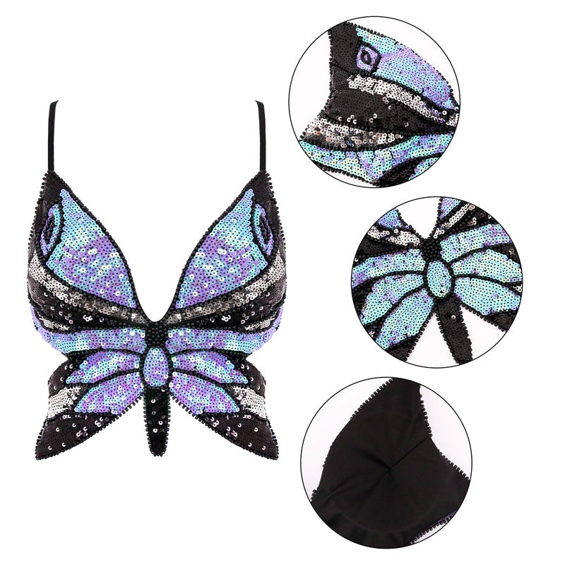 Mocure Womens Sparkly Butterfly Sequin Crop Tops Sexy Trendy Sleeveless Cute Butterfly Halter Tops Rave Wrap Tube Vest Top for Belly Dance Costume Outfits - Image 5
