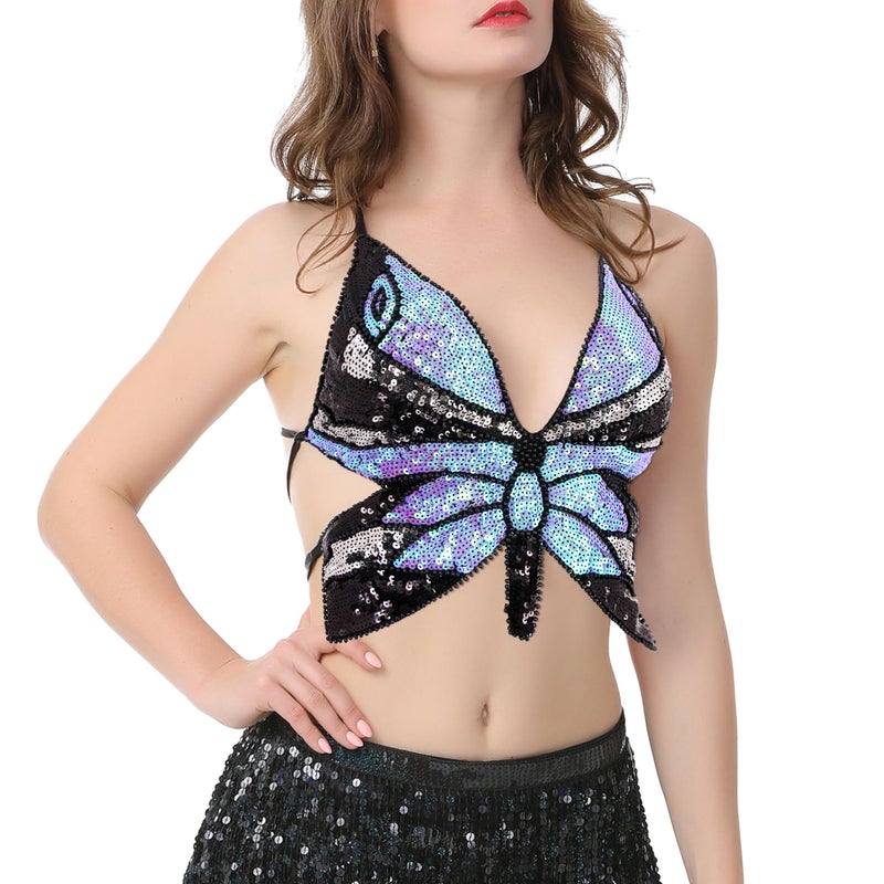 Mocure Womens Sparkly Butterfly Sequin Crop Tops Sexy Trendy Sleeveless Cute Butterfly Halter Tops Rave Wrap Tube Vest Top for Belly Dance Costume Outfits - Image 3