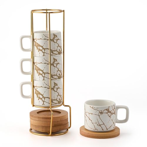 LUKA Porcelain Espresso Cup with Saucer and Metal Stand, 4 Ounce Stackable Ceramic Demitasse Espresso Mugs Cups Set for Latte,Coffee,Cafe Mocha,Tea(Set of 4),Marbling White - Image 1