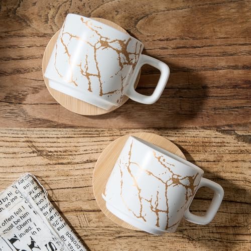 LUKA Porcelain Espresso Cup with Saucer and Metal Stand, 4 Ounce Stackable Ceramic Demitasse Espresso Mugs Cups Set for Latte,Coffee,Cafe Mocha,Tea(Set of 4),Marbling White - Image 5