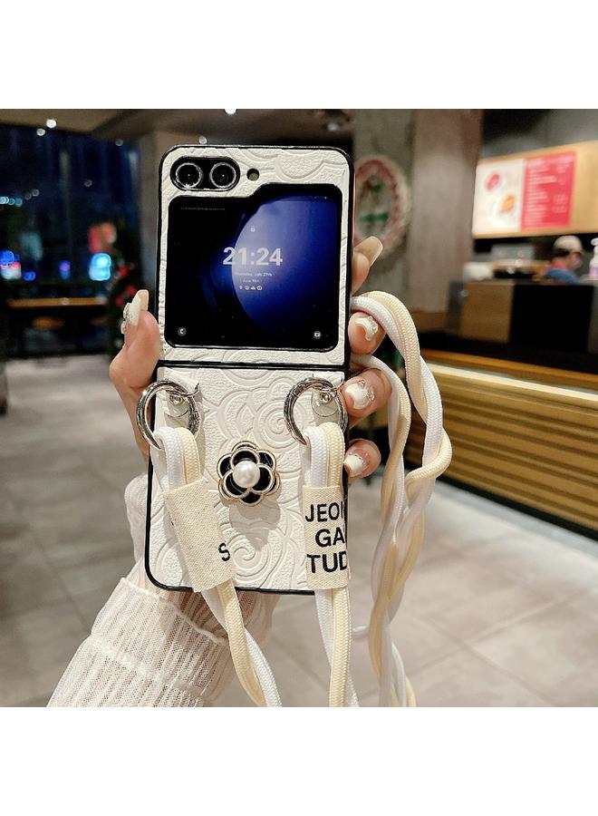 اس-توب جراب لهاتف Samsung Galaxy Z Flip3 5G جراب هاتف واقٍ بنقشة الكاميليا مع حبل طويل - Image 2