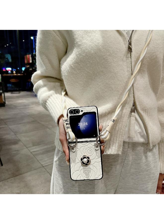 اس-توب جراب لهاتف Samsung Galaxy Z Flip3 5G جراب هاتف واقٍ بنقشة الكاميليا مع حبل طويل - Image 3