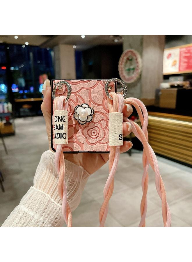 اس-توب جراب لهاتف Samsung Galaxy Z Flip3 5G جراب هاتف واقٍ بنقشة الكاميليا مع حبل طويل - Image 5