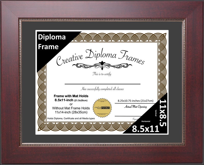 Creative Picture Frames 85x11inch Matted Mahogany Diploma Frame with Printed Gold Relief with Self Standing Easel and Installed Wall Hangers