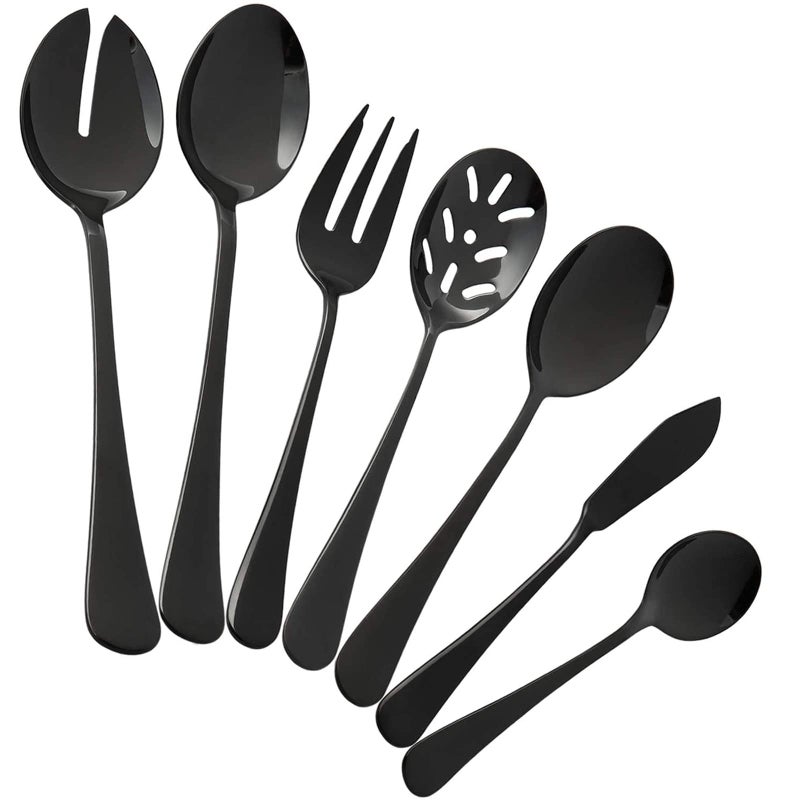 culterman Black Serving Utensils Set. Stainless Steel Hostess Flatware Sets 7-Piece Includes Silverware Large Salad Serving Spoons Forks & Slotted Spoons Sugar Spoons Butter Knife.Dishwasher Safe - Image 1