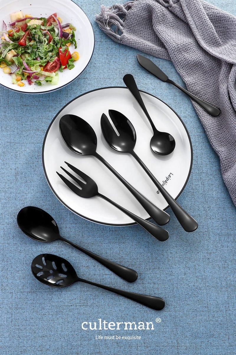 culterman Black Serving Utensils Set. Stainless Steel Hostess Flatware Sets 7-Piece Includes Silverware Large Salad Serving Spoons Forks & Slotted Spoons Sugar Spoons Butter Knife.Dishwasher Safe - Image 4