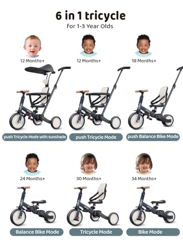 newyoo Tricycle for Toddlers 13 Toddler Tricycle with Push Handle and Canopy Toddler Bike Birthday Gift and Toys for Girl and Boy 6 in 1 Baby Trike Balance Bike TR009 Dark Grey - Image 5