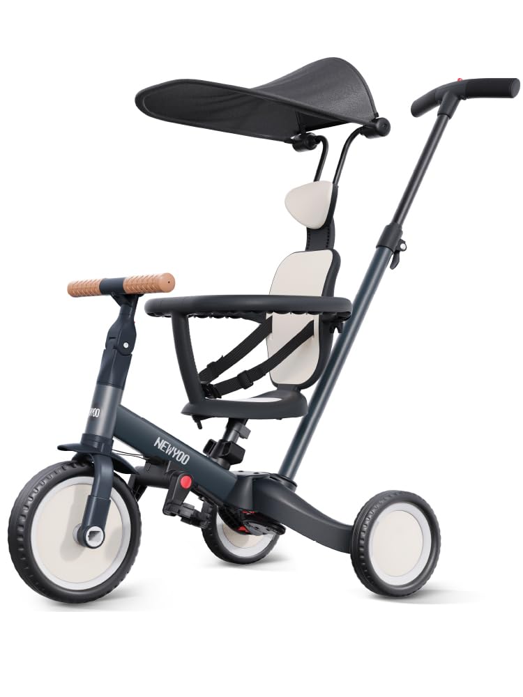 newyoo Tricycle for Toddlers 13 Toddler Tricycle with Push Handle and Canopy Toddler Bike Birthday Gift and Toys for Girl and Boy 6 in 1 Baby Trike Balance Bike TR009 Dark Grey - Image 4