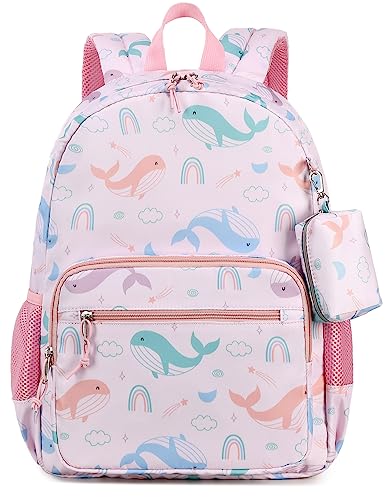 mygreen School Backpacks for Girls with Coin Purse 15 inch Lightweight Waterproof Bookbags Girls Backpack for Elementary Kids Backpack for Boys Girls Whale Pink - Image 1