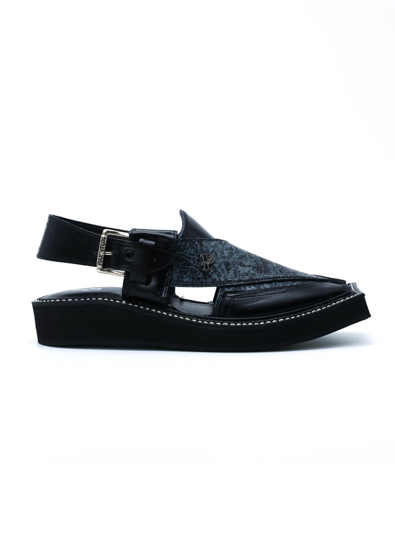 Pakhtun Chappal - Original Leather Pakistani Peshawari sandals Black upper Kaptaan sole - Image 1