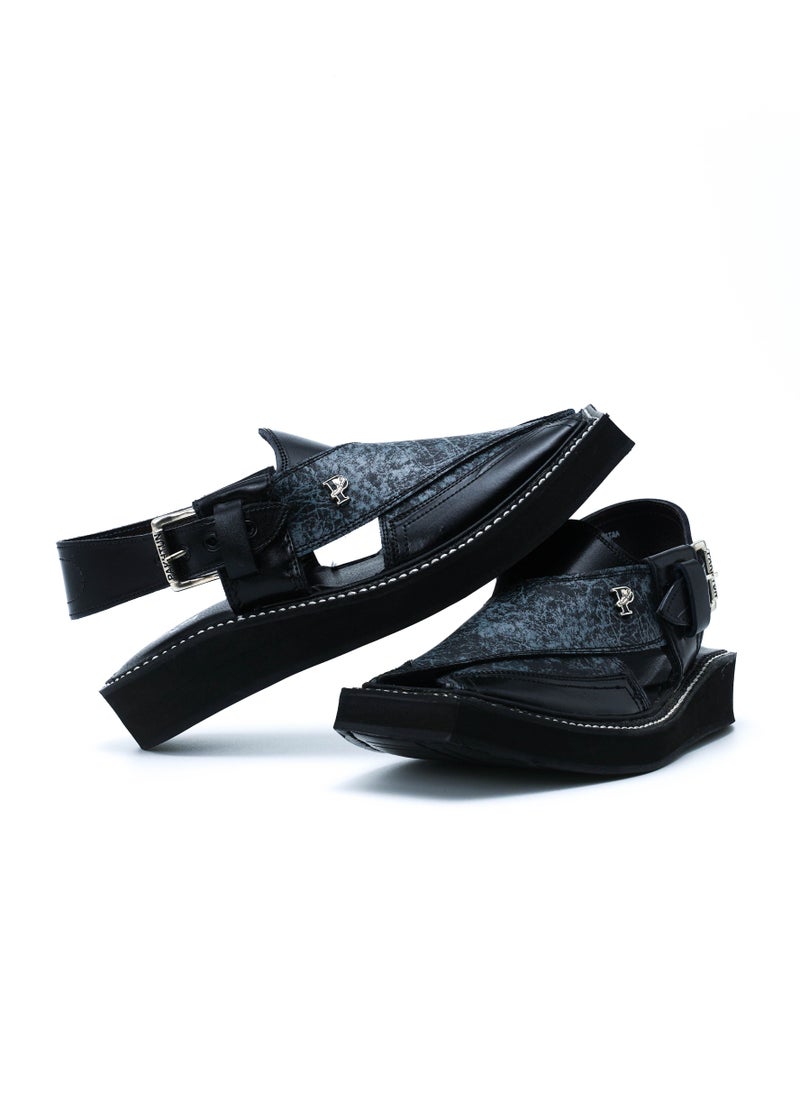 Pakhtun Chappal - Original Leather Pakistani Peshawari sandals Black upper Kaptaan sole - Image 1