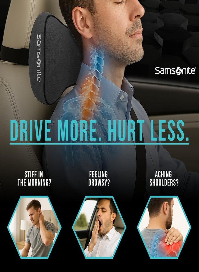 Samsonite Car Neck Pillow - Soft Gel Memory Foam Headrest Cushion for Driving, Ergonomic Design with Adjustable Strap, Breathable & Removable Cover, Provides Neck Pain Relief, Black. - Image 2